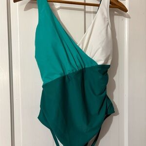 Teal and White One Piece Swimsuit